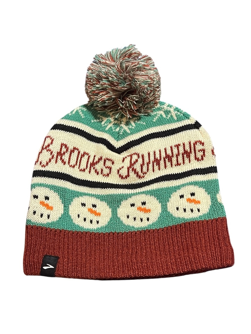 Brooks Running Run Merry Pom Beanie Holiday Snowman Winter Hat OS